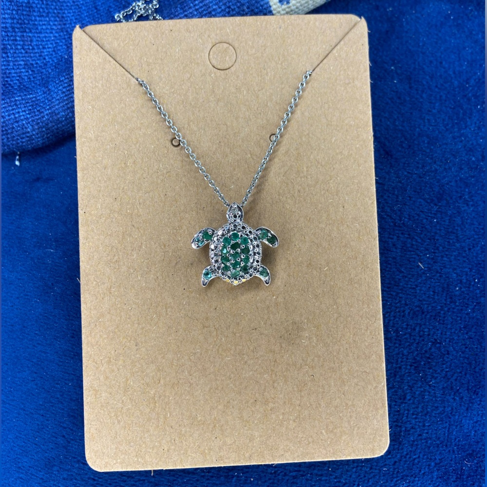 Genuine Emerald Sterling Silver 18 Inch Turtle Necklace - Picture 2 of 10